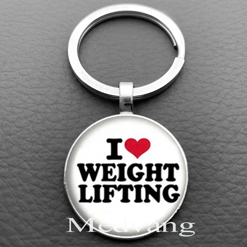 Weightlifting Fitness Pattern Keychain Loves Fitness Men and Women Exclusive Glass Round Keychain Gift for Fitness Club