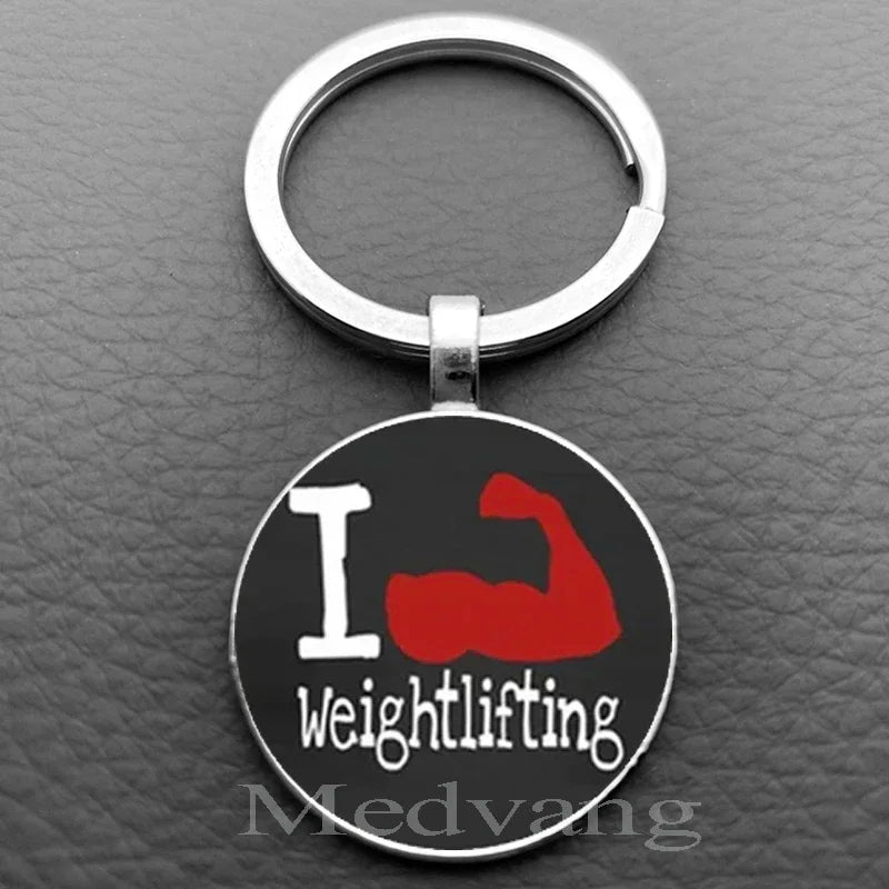 Weightlifting Fitness Pattern Keychain Loves Fitness Men and Women Exclusive Glass Round Keychain Gift for Fitness Club