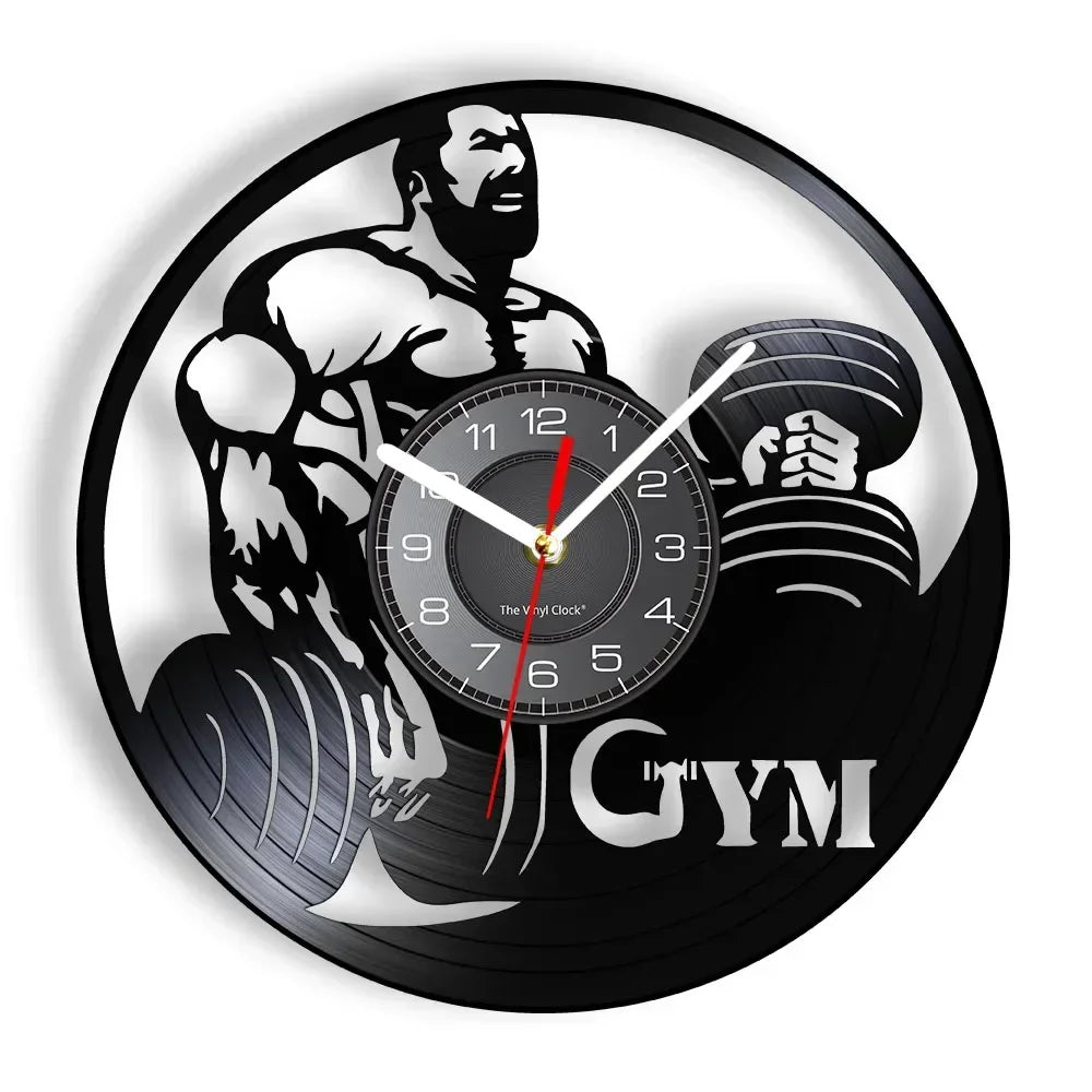 Fitness Equipment Theme Vinyl Record Fitness Wall Clock Home Decoration Gym Wall Mounted Modern Fitness Watch