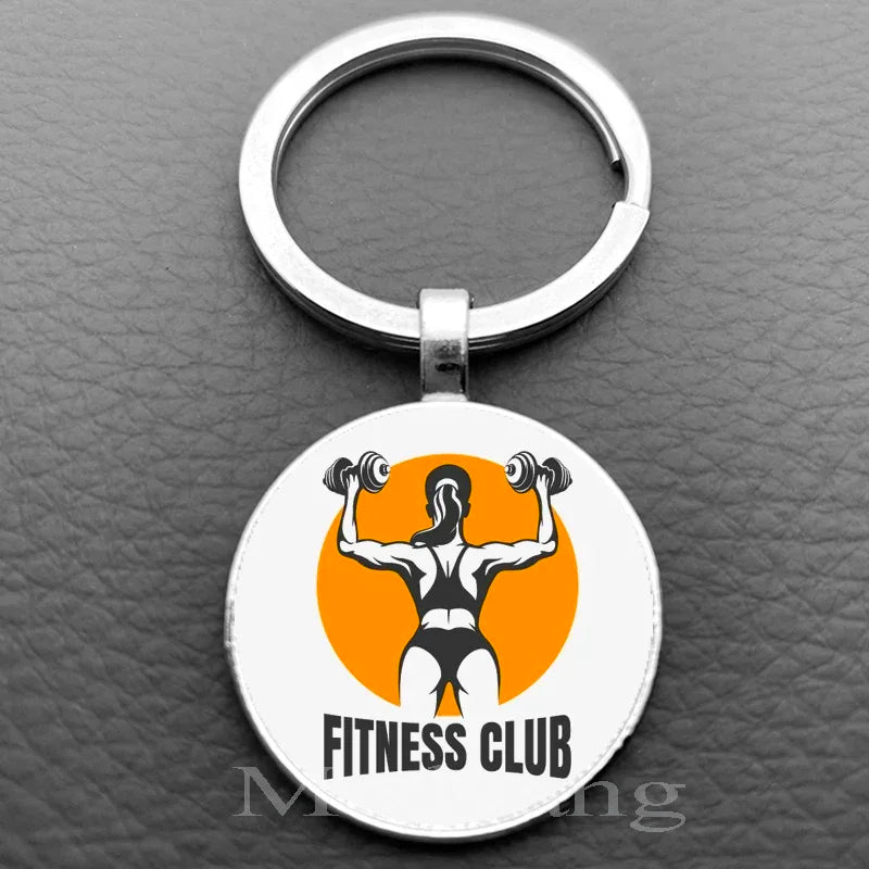 Weightlifting Fitness Pattern Keychain Loves Fitness Men and Women Exclusive Glass Round Keychain Gift for Fitness Club