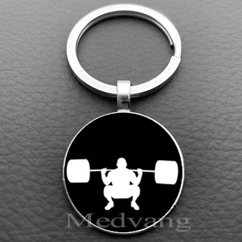 Weightlifting Fitness Pattern Keychain Loves Fitness Men and Women Exclusive Glass Round Keychain Gift for Fitness Club