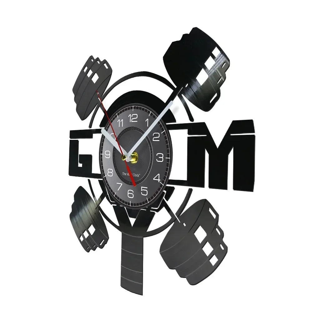 Fitness Equipment Theme Vinyl Record Fitness Wall Clock Home Decoration Gym Wall Mounted Modern Fitness Watch