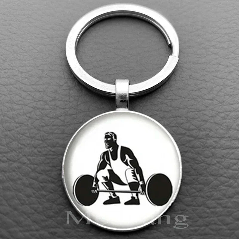 Weightlifting Fitness Pattern Keychain Loves Fitness Men and Women Exclusive Glass Round Keychain Gift for Fitness Club