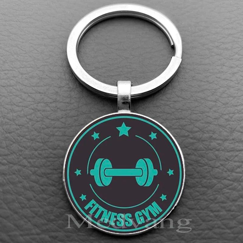 Weightlifting Fitness Pattern Keychain Loves Fitness Men and Women Exclusive Glass Round Keychain Gift for Fitness Club