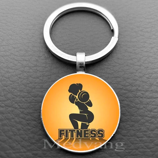 Weightlifting Fitness Pattern Keychain Loves Fitness Men and Women Exclusive Glass Round Keychain Gift for Fitness Club