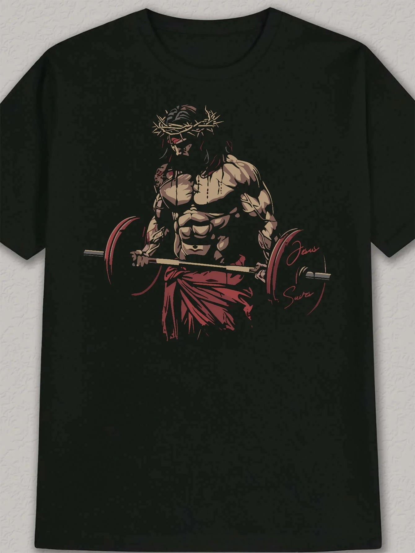 Black Fitness Coach Jesus Christ Weightlifting Art Print Regular Style Fitness & Daily Wear, Fitness Shirt, Artistic Sportswear