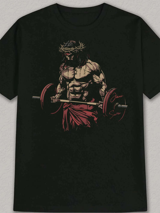 Black Fitness Coach Jesus Christ Weightlifting Art Print Regular Style Fitness & Daily Wear, Fitness Shirt, Artistic Sportswear