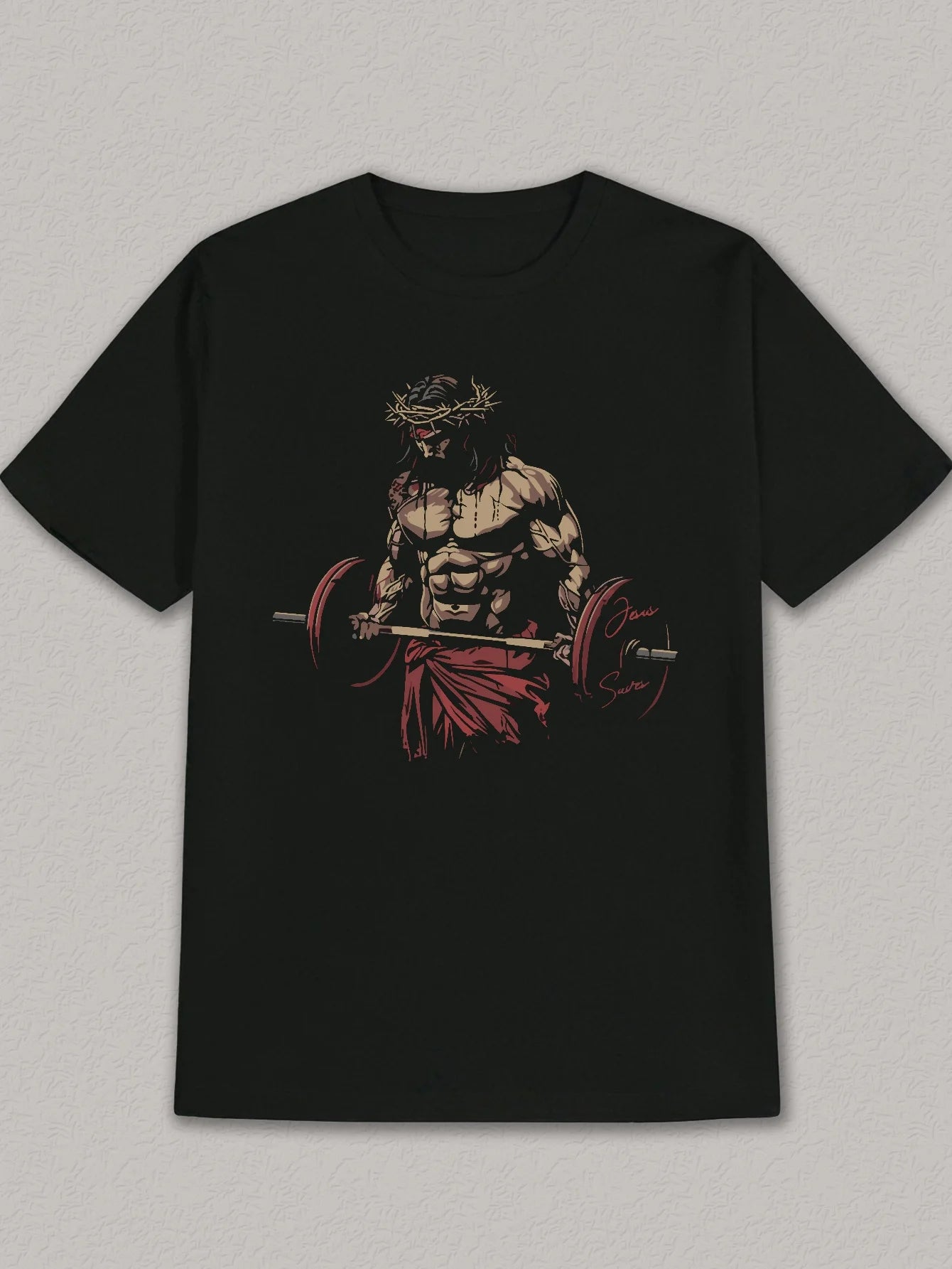 Black Fitness Coach Jesus Christ Weightlifting Art Print Regular Style Fitness & Daily Wear, Fitness Shirt, Artistic Sportswear