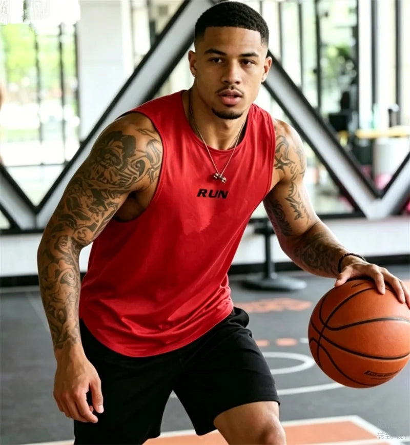 RUN Men's Summer Fitness Vests, Fitness Training Clothes, Speed Fitness, Loose Sleeveless Shirts, Men's Fashion Basketball Vests