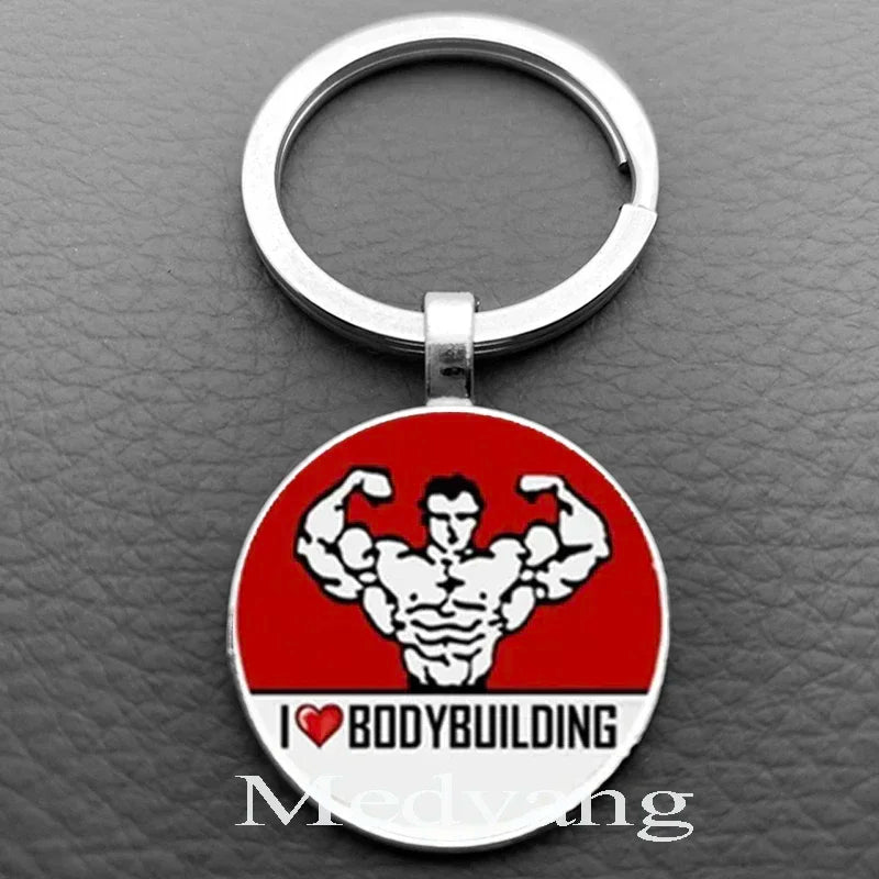 Weightlifting Fitness Pattern Keychain Loves Fitness Men and Women Exclusive Glass Round Keychain Gift for Fitness Club