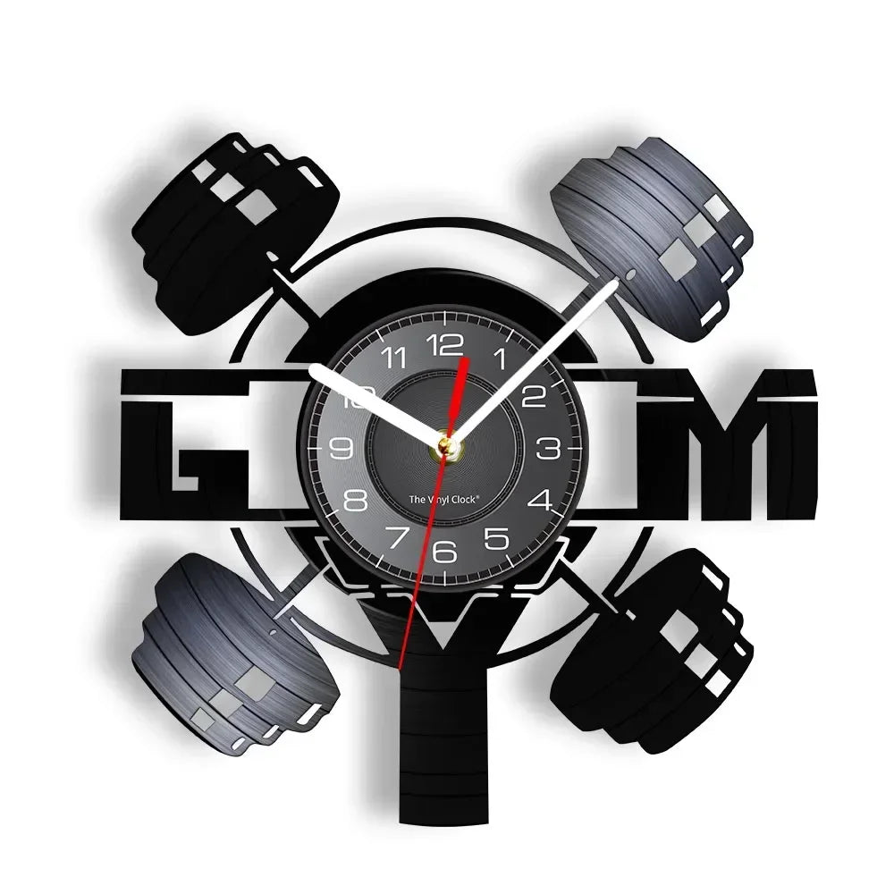 Fitness Equipment Theme Vinyl Record Fitness Wall Clock Home Decoration Gym Wall Mounted Modern Fitness Watch